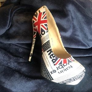 White Union Jack Newsprint Pump Heels
